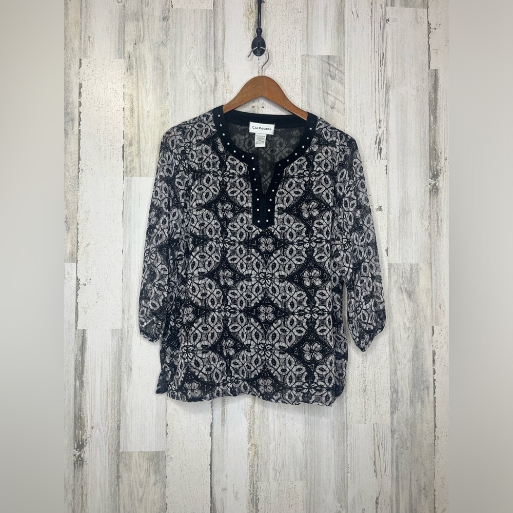 CD Petites Women's Sheer Floral Embellished Top Black White Size PXL